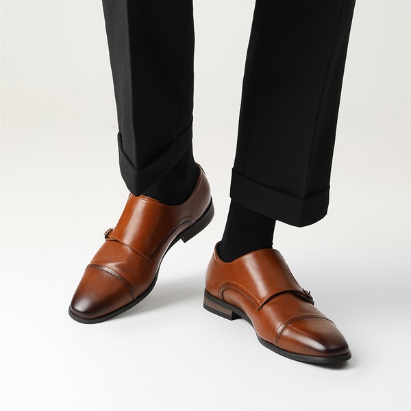 Men's Wide Monk Strap Oxford Shoes - CAMEL - 5